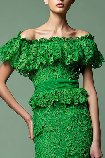 Robe longue formelle à manches bouffantes en dentelle verte fourreau avec volants